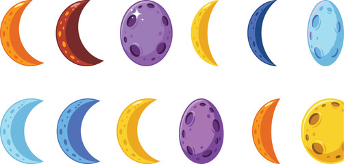 Cartoon space planets and moon phases vector set with colorful craters crescent shapes and alien celestial game assets © mstlipibegum
