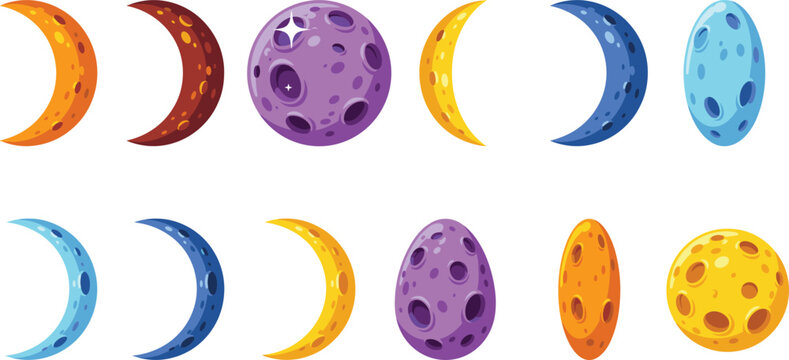 Cartoon space planets and moon phases vector set with colorful craters crescent shapes and alien celestial game assets