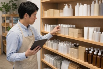Fototapeta premium 日用品店でボトル商品の棚卸しをする男性