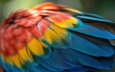 Obraz premium Close up macro shot of vibrant scarlet macaw parrot wing feathers displaying red, yellow, and blue colors with soft natural lighting and blurred background