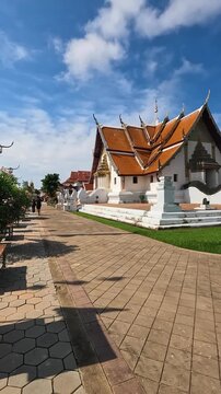 Landscape of Ancient Wat Phumin is Famous  Temple at Nan Province, Thailand , Pan left and right Footage Travel Sculpture and Religion in Buddha Temple