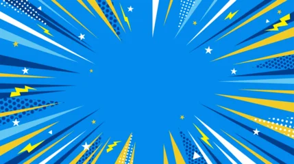 Fotobehang Pop Art 青い集中線と黄色のアクセントが広がるポップな背景、爽やかで勢いのあるコミック風フレーム素材  © niwaco
