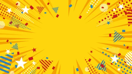 Fotobehang Pop Art 黄色い集中線とカラフルな図形が広がるポップな背景、明るく楽しいコミック風フレーム素材  © 秀晃 岡庭