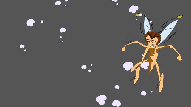 Cartoon mosquito flying amid purple smoke while being targeted or hit by a yellow beam of energy