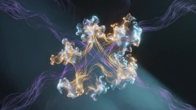 Abstract animation featuring intertwined glowing strands of purple and cyan light that converge to form a complex, detailed molecular or cellular structure against a dark background.