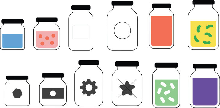 Glass jars and bottles vector icons set with colorful liquids labels pickles pills potions and empty containers flat design