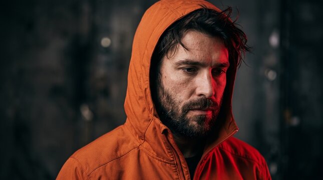 dramatic portrait male model orange hood red light editorial style
