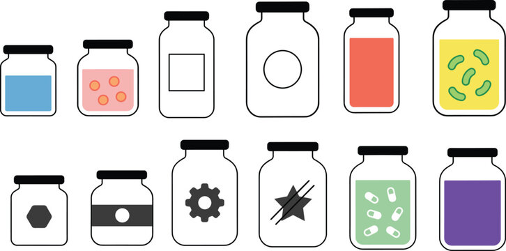 Glass jars and bottles vector icons set with colorful liquids labels pickles pills potions and empty containers flat design