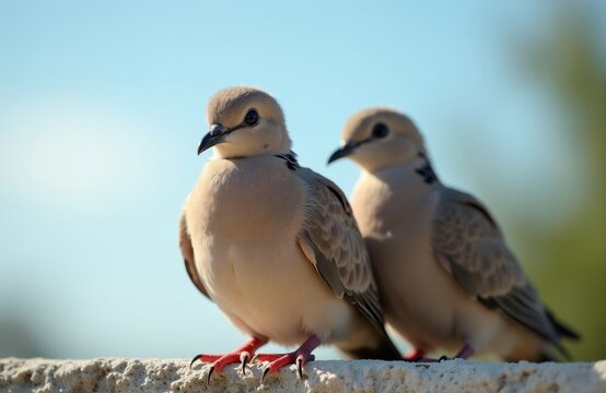 Two turtle doves perch on weathered stone ledge against clear sky backdrop. Close-up intricate feather patterns, alert eyes. Birds display calm demeanor, natural beauty. Wildlife photo conveys peace