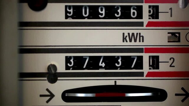 Closeup of an electric utility meter with kwh readings on display
