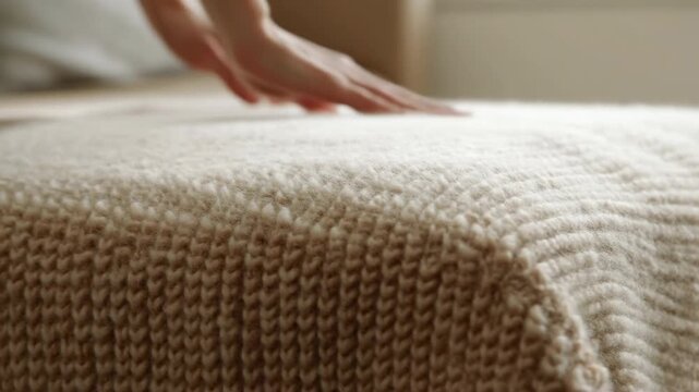 Hands smoothing chunky cream knit blanket on bed in gentle tactile motion, low angled close view showing soft fabric texture, relaxed touch, cozy bedroom comfort