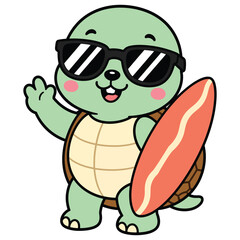Obraz premium Cute cartoon turtle wearing sunglasses holding a surfboard