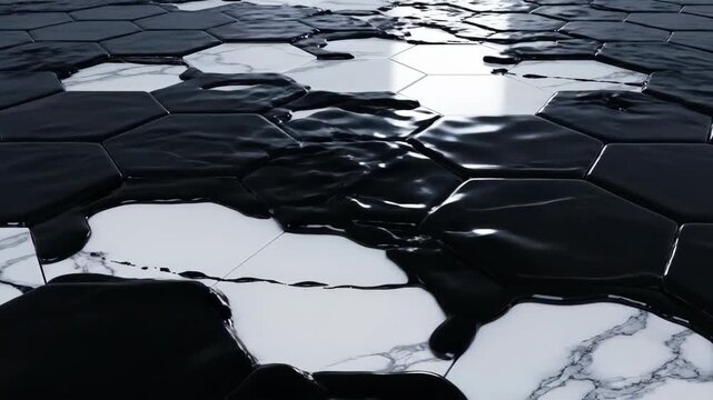 Black viscous liquid spills and spreads across a floor of white marble hexagon tiles, creating dynamic, abstract patterns and textures.