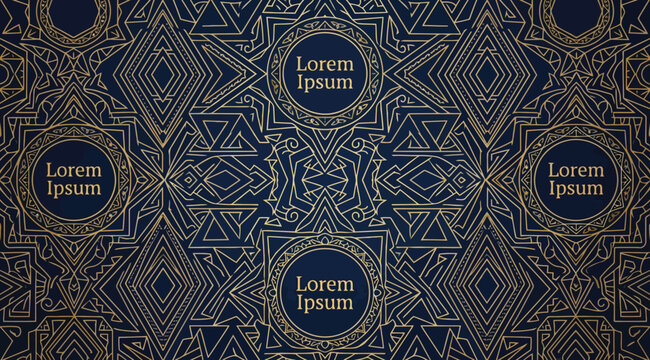 Art deco luxury background with gold geometric pattern and circular frames for text