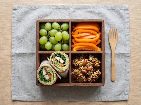 Healthy bento lunch box with wraps and fruit