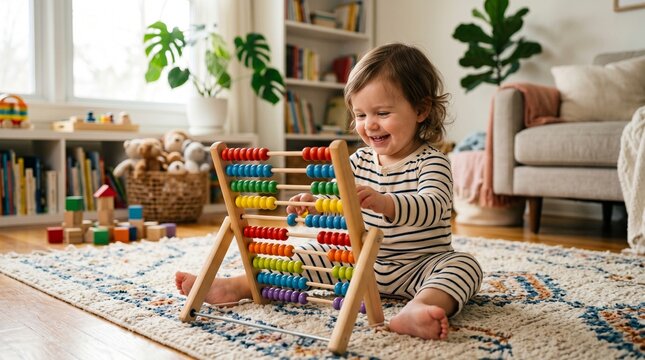 happy child counting colorful beads wooden abacus early education concept
