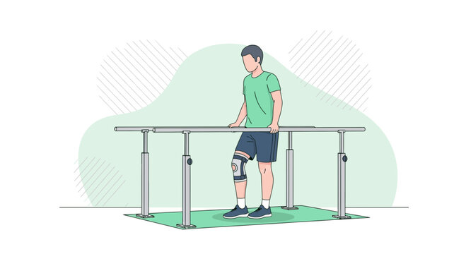 Man with Knee Brace Rehabilitating with Parallel Bars in Physical Therapy