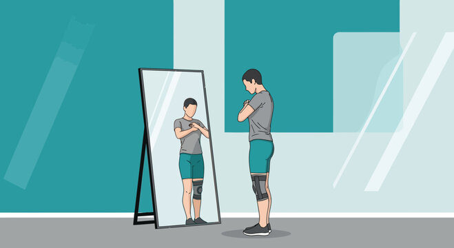 Man with knee braces looking in mirror, self-reflection, recovery, health, fitness