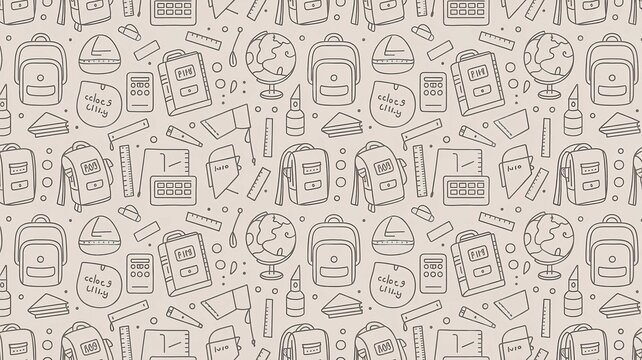Hand drawn seamless pattern featuring school supplies like backpacks and globes in a simple black line art sketch style illustration