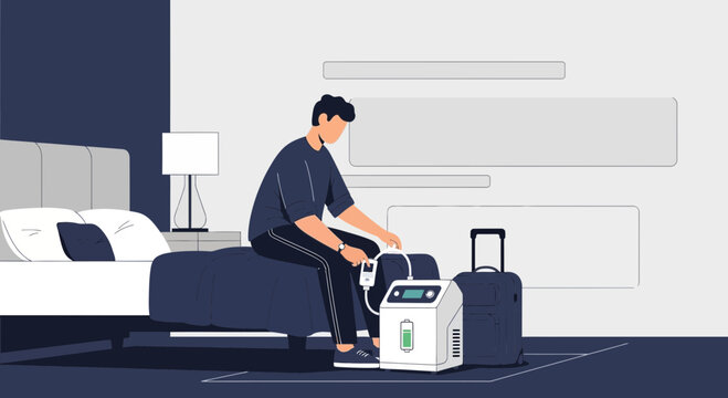 Man with Portable Oxygen Concentrator in Hotel Room, Traveling with Medical Equipment