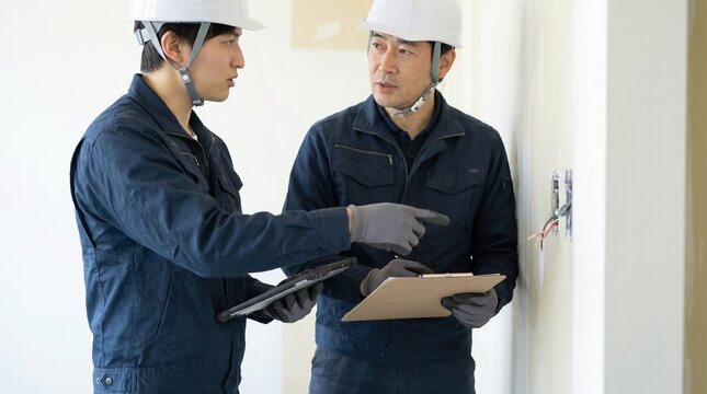 建設現場の壁面配線を点検し品質管理のOJTを行う日本人男性の現場監督