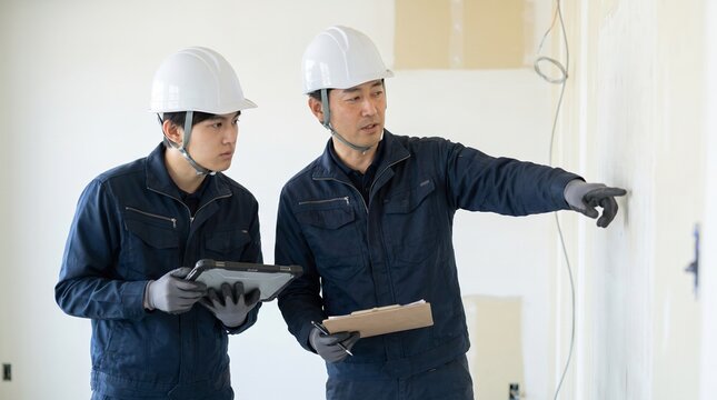 建設現場で壁面を指差し確認し品質管理のOJTを行う日本人男性の現場監督と若手社員