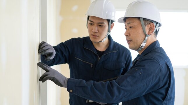 建設現場で内装の仕上がり状態を点検し品質管理のOJTを行う日本人男性の現場監督