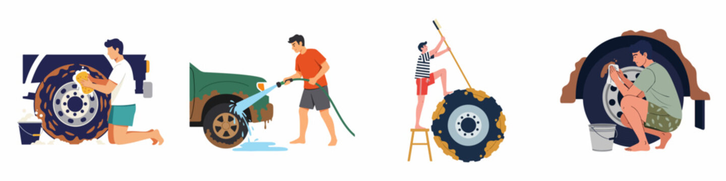 Set of flat vector illustrations depicting men and a boy cleaning mud from cars and off-road vehicle tires using various tools.