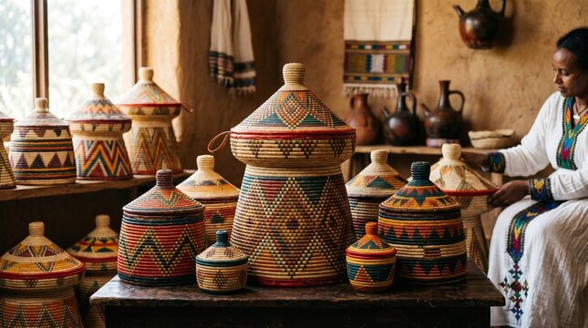colorful ethiopian mesob baskets intricate coil patterns natural dyes
