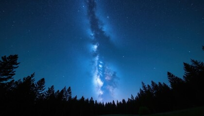 Vast night sky above pine forest brilliant Milky Way galaxy. Stars shine intensely over dark tree silhouettes. Peaceful landscape evokes wonder, cosmic beauty inspires awe. Perfect for astronomy