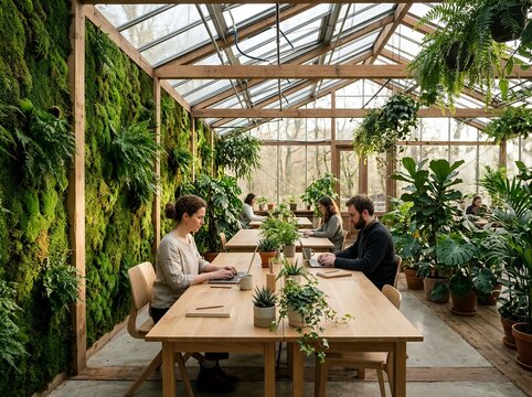 People working in biophilic greenhouse coworking space.