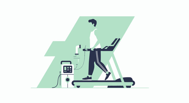 Man undergoing cardiopulmonary exercise test on treadmill with medical equipment