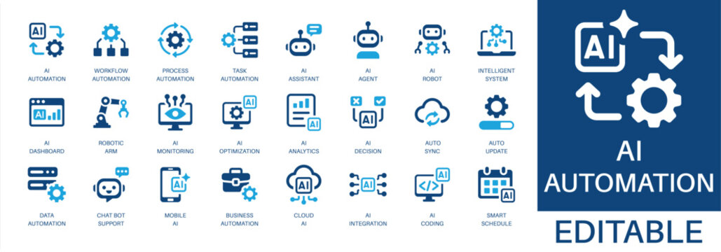 AI automation and system solid icon set. Featuring business automation, process automation, ai assistant, data automation, and ai analytics. Editable vector glyphs for business strategy and planning.