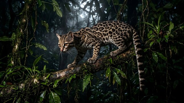 Margay cat (Leopardus wiedii) stalking on a mossy branch in a dark tropical rainforest