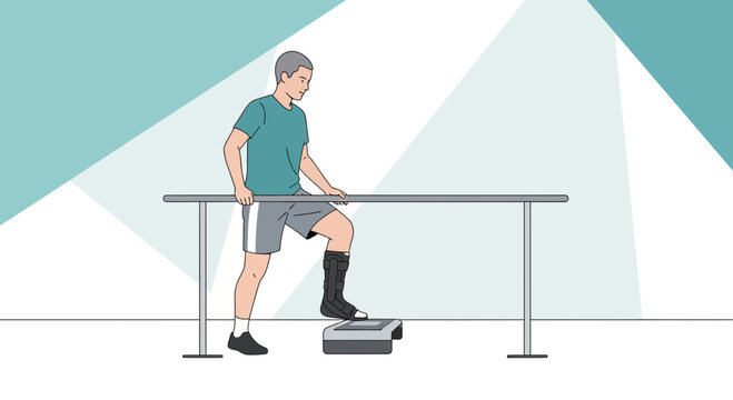 Man with Ankle Brace Doing Physical Therapy on Step Platform with Parallel Bars