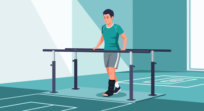 Man with Ankle Brace Walks on Parallel Bars in Physical Therapy Session