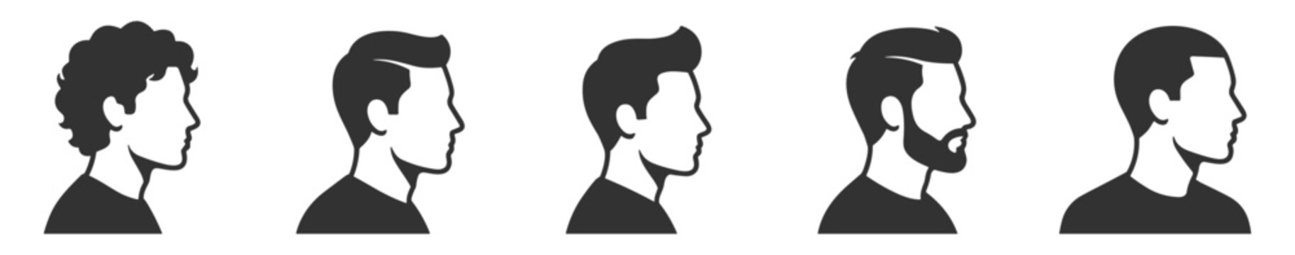 men profile silhouettes with different hairstyle and beard types vector illustration on transparent background
