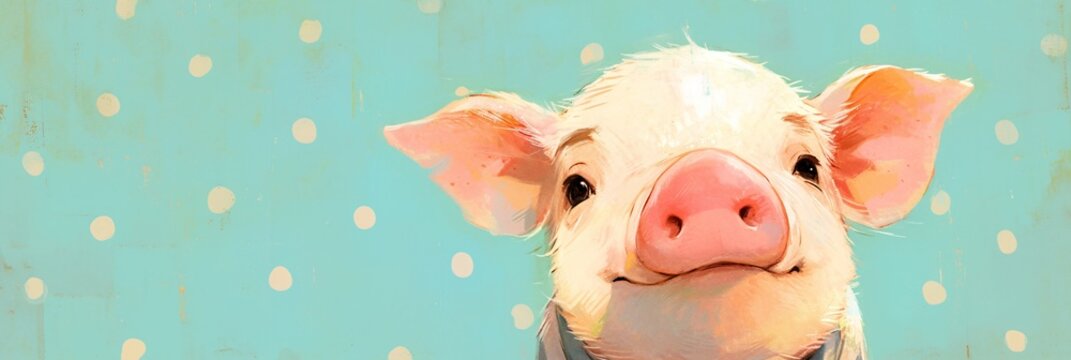 Cute baby pig illustration with a smile on a blue polka dot background. Artistic vintage farm animal portrait for children room decor and creative design projects. Banner with copy space