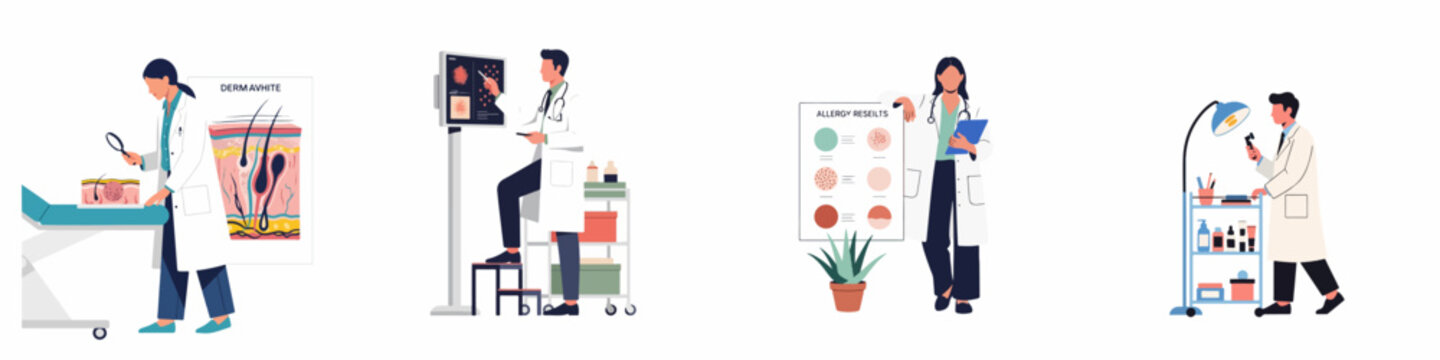 Flat illustrations of dermatologists and allergists examining skin health models, analyzing digital diagnostic screens, and reviewing allergy test results in a professional medical setting.