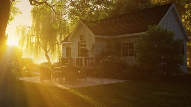 Suburban House with Cozy Patio at Sunset