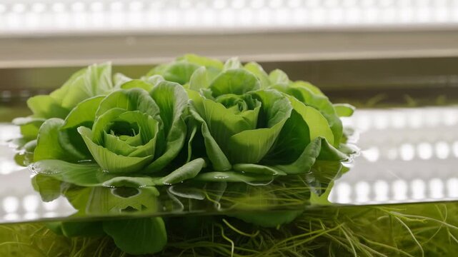Low eye-level close view of butterhead lettuce rosettes floating in reflective hydroponic tray beneath diffuse LED grow lights inside clean indoor farm setting, with lettuce, hydroponic, green, leaf