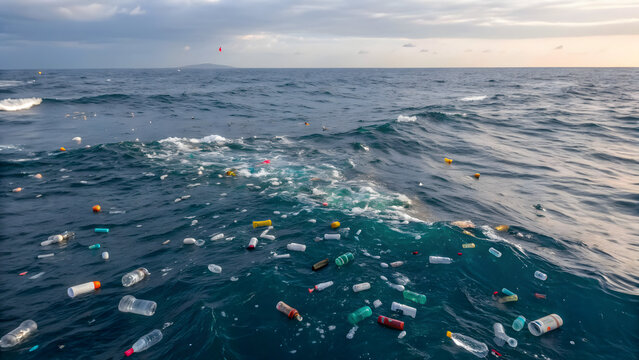 plastics bottles floating across the ocean