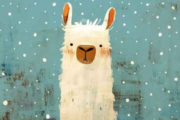 Fototapeta premium Cute smiling lama illustration in vintage style. Funny farm animal standing in snowfall. Whimsical winter artwork for children book and nursery decor. Artistic digital drawing of pet.