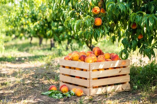 Wooden Crate of Fresh Peaches Under Trees in Summer Orchard