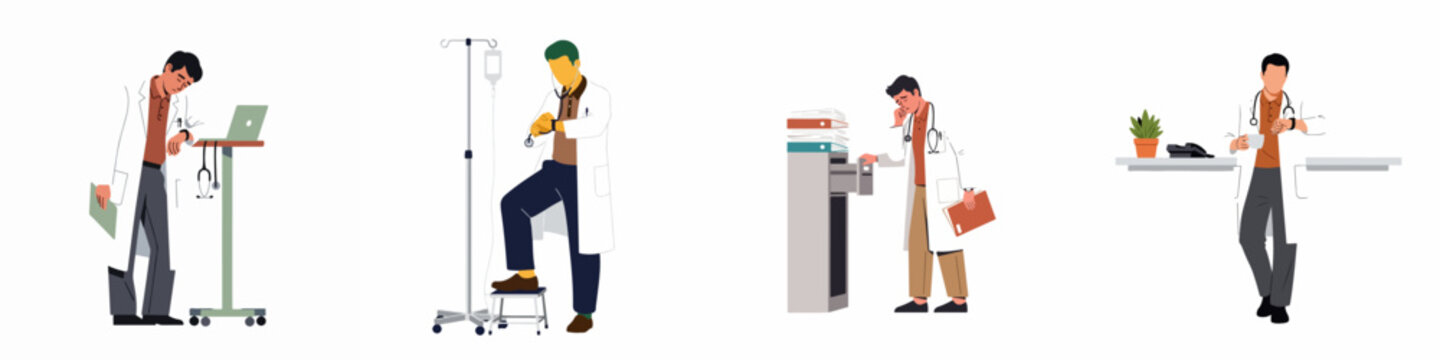 Illustrations of overworked and exhausted male doctors in lab coats, depicting medical burnout, stress, and the demanding reality of healthcare professionals in hospital settings.