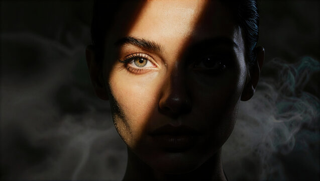 A dramatic high-fashion chiaroscuro portrait of an elegant woman with heterochromatic eyes.