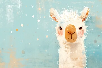 Naklejka premium Cute llama portrait in vintage storybook illustration style. Whimsical farm animal graphic for nursery decor or greeting card. Artistic textured drawing of a funny fluffy character.