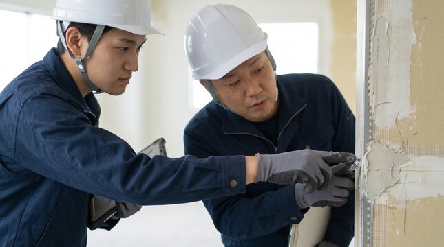 建設現場で壁下地の施工状態を確認し品質管理のOJTを行う日本人男性の現場監督
