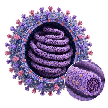 Cutaway Measles Virus Morbillivirus with Helical Ribonucleoprotein Insert, Ultra Detailed 3D Medical Illustration
