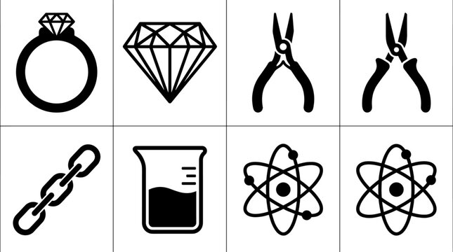 Jewelry tools diamond chain beaker atom icons